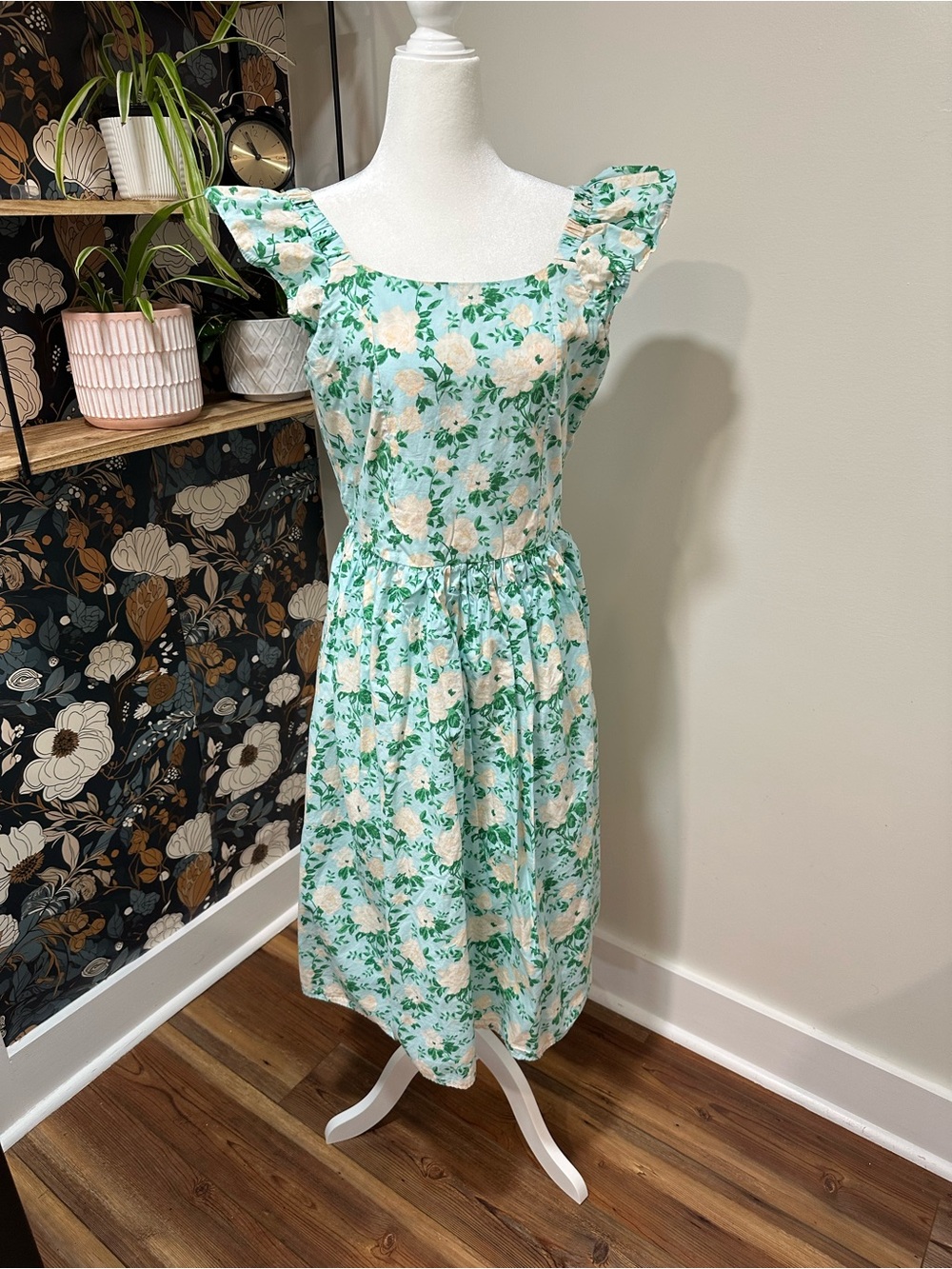 Blueberi Boulevard Mint Green Floral Ruffle-Strap Midi Dress